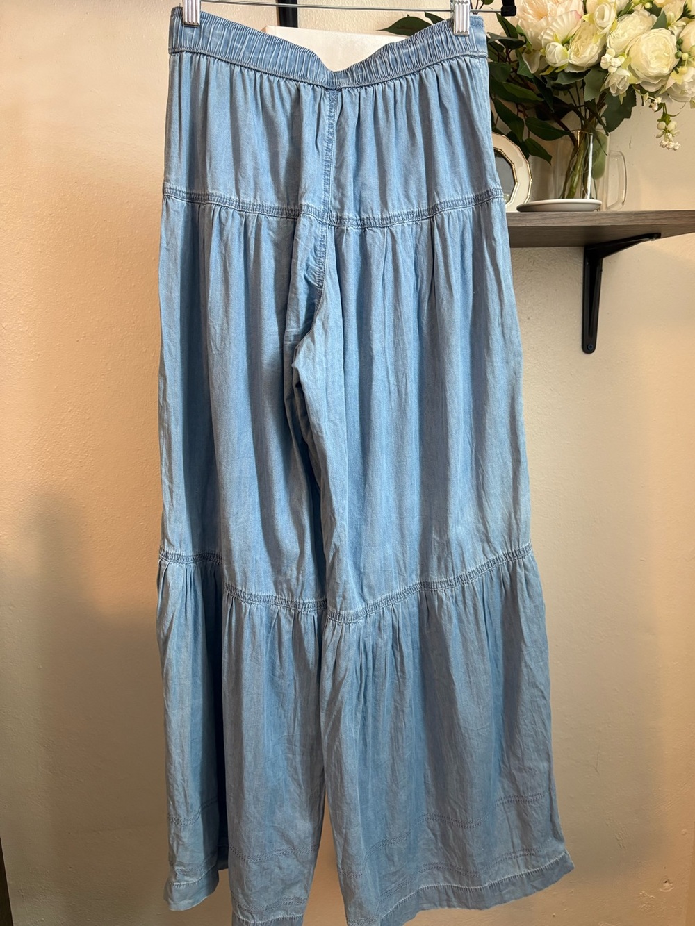 Sincerely Jules Blue Wide Leg Chambray Tiered Flowy Boho Pants Size S - Picture 3 of 6